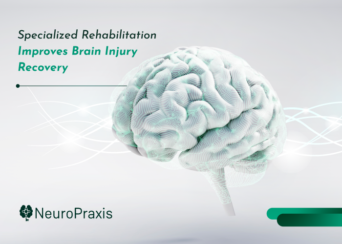 Brain & Spinal Cord Injuries Need Specialized Proven Rehabilitation - Image of white digitized brasin with green text and NeuroPraxis logo