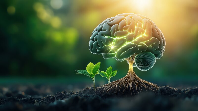 Rising Brain Pathway: A human brain with roots growing deep into the ground and branches reaching upward toward a bright, glowing sky brain injury recovery