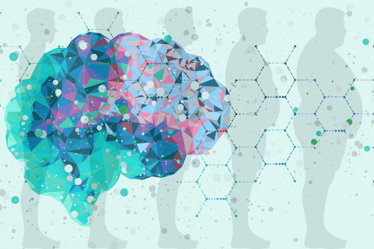 Obesity & Metabolic Health After Brain Injury - a graphic of a blue/gree/pink brain with silhoutte of a man getting progressively larger in the background