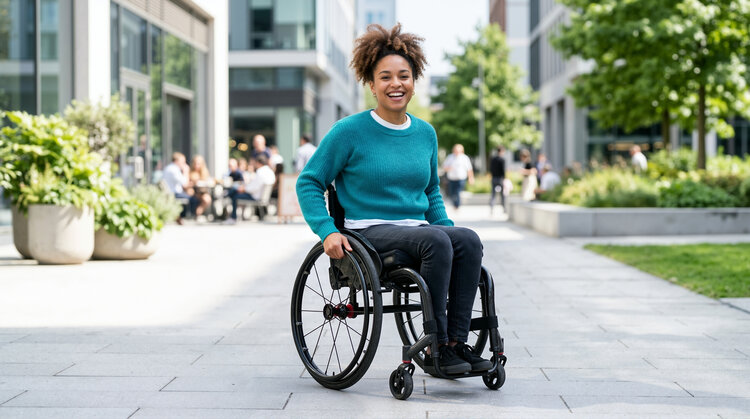 Obesity and Metabolic Health after Brain Injury - A young woman with curly hair sits in a black manual wheelchair on a paved pedestrian walkway in a modern urban setting. She is wearing a teal sweater over a white shirt and dark jeans, and she is smiling brightly at the camera. Her hands are resting on the wheels of the chair. The background is slightly blurred, showing modern office buildings, green trees, planters, and other people walking or sitting at an outdoor cafe. The image conveys a positive and active lifestyle for a person with a mobility disability.