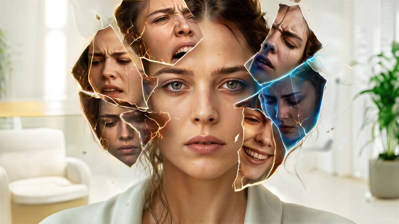 Adult female with fractured alternate facial images surrounding her head depicting trauma an mental distress - Depression & Anxiety After Brain Injury