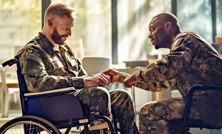 A service member in a wheelchair receives support from a fellow service member. Depression & Anxiety After Brain Injury