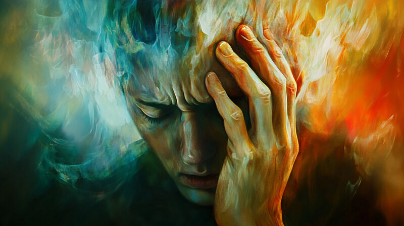 Colorful smudged drawing of person holding their head depicitng depression nd anxiety after brain injury